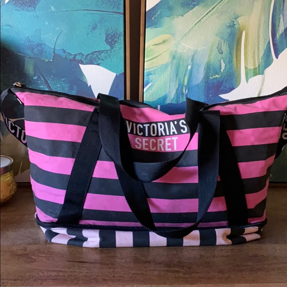 Victoria’s Secret pink and black striped weekender